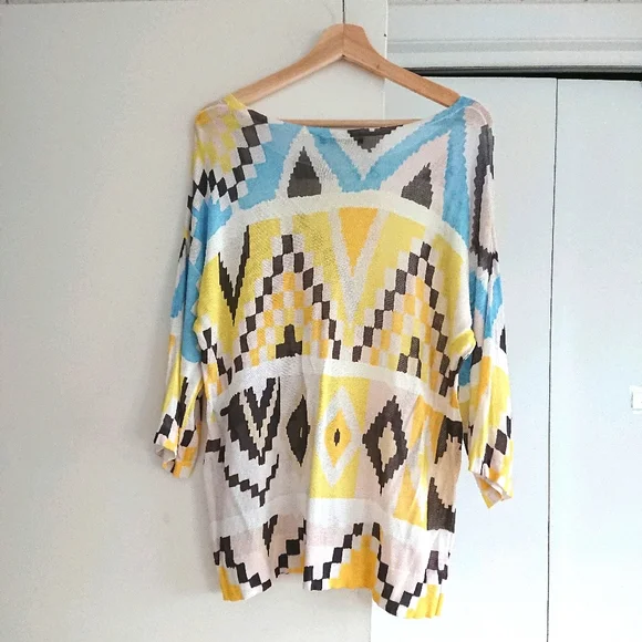 💖2/$35💖 MaxMara Weekend Blue & Yellow Geometric Pattern Print Shirt - Picture 2 of 8